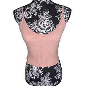 H&M Beige Ribbed Crop Tank Top Fitted Stretch Spaghetti Strap Minimalist Summer